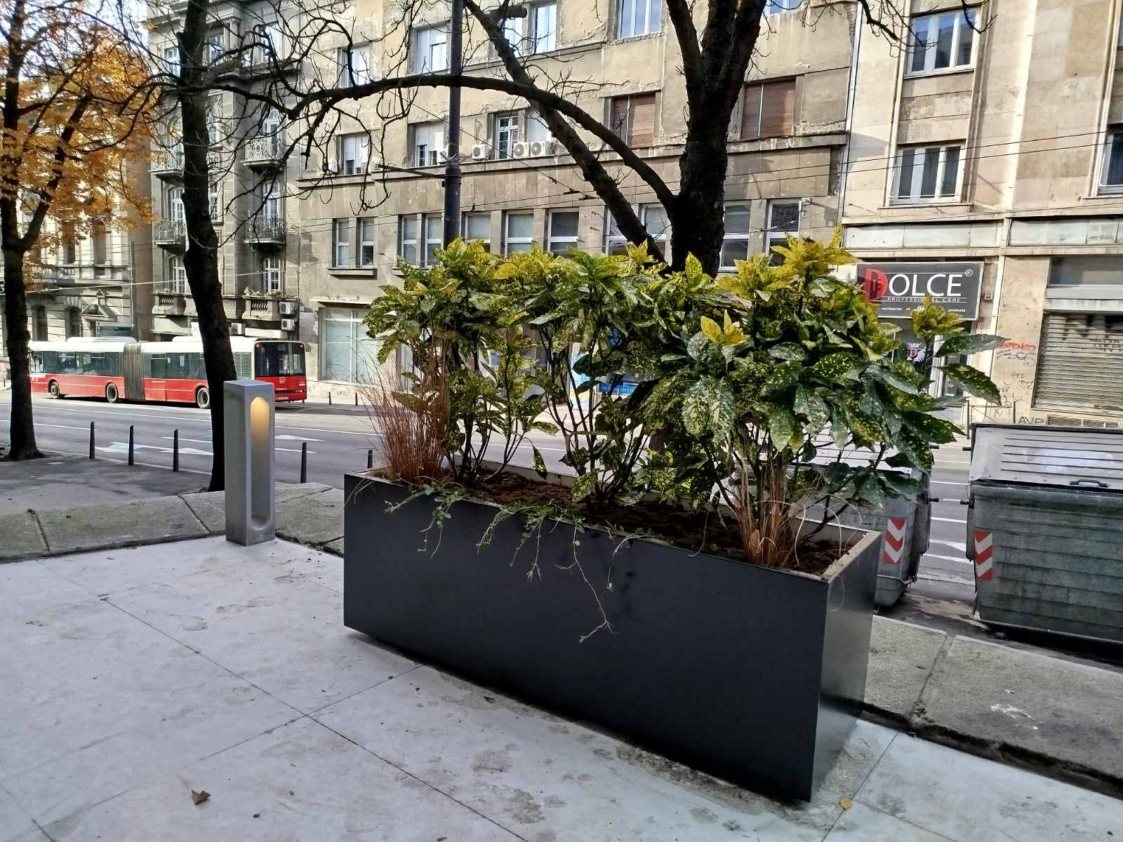 Antracit metalna žardinjera sa zelenilom na trotoaru u Beogradu